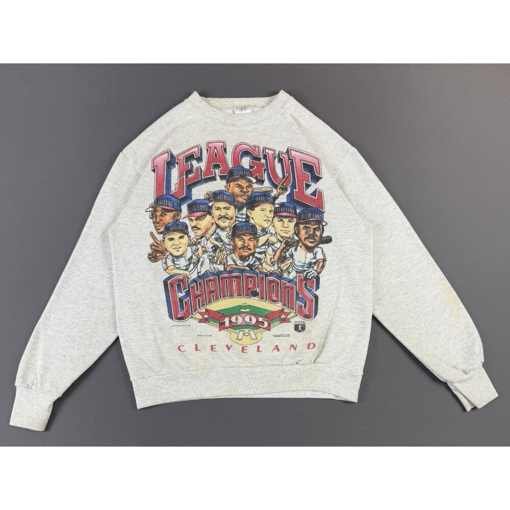 Vintage 1995 Cleveland Indians Champions Gray Crewneck Caricature Large USA Made